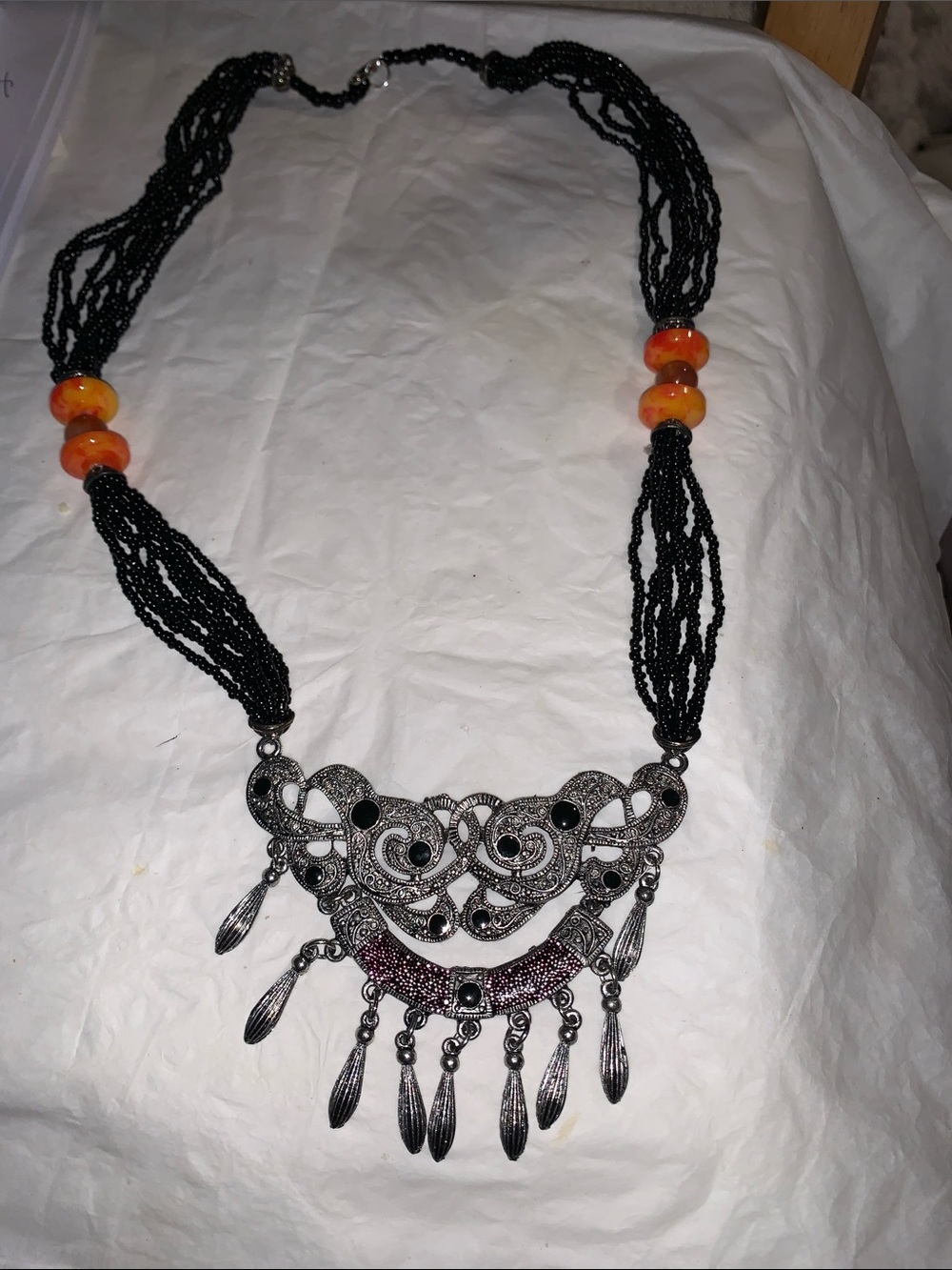 Boho Black Beaded Necklace with Orange Accents -